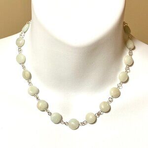 Genuine Pale Green Serpentine Short Necklace, Gemstone & Silver Tone Links